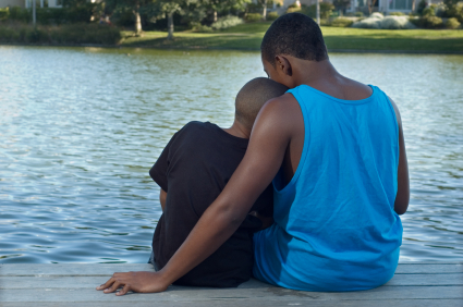 Brothers sitting on dock