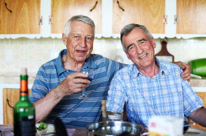 Two old men friends in plaid